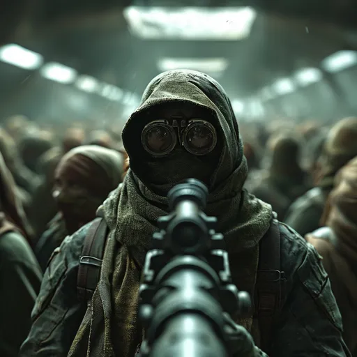 Prompt: (sniper's lens perspective), viewing a crowded scene, (high intensity) atmosphere, (camouflaged hideout), dynamic motion of people in crowd, (sharp focus) on central figures, blurred background creating depth, (dramatic lighting), tones of green and brown, intricate details revealing expressions, immersive and tense mood, (4K) ultra-detailed quality.