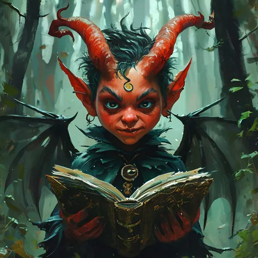 Prompt: (devil-like Imp book thief), sneaky presence in an enchanted woods, pointed teeth, bad wings, red skin, dimly lit by ethereal moonlight filtering through the trees, mischievous expression on their face, clutching an ancient tome, shadows dancing around, lush green foliage, in the background, high detail, magical atmosphere, (4K),darkly enchanting ambiance.