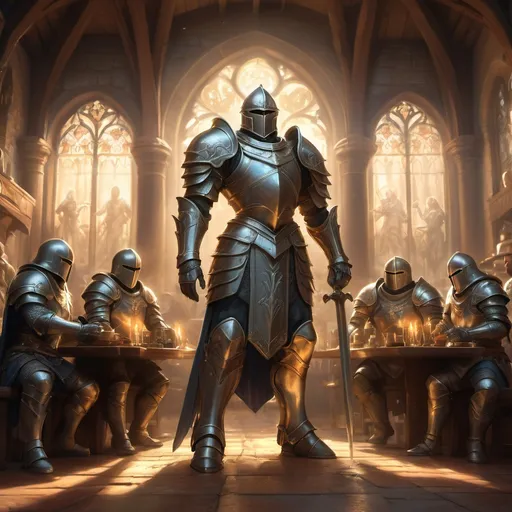 Prompt: (angelic light), impressive group of paladins, detailed and ornate armor reflecting a shimmering glow, standing together in a majestic formation, sacred atmosphere, vibrant and warm lighting encapsulating the scene, in a medieval tavern, ultra-detailed, epic landscape background, heightened sense of unity and purpose, powerful and divine essence radiating from their presence, cinematic masterpiece.