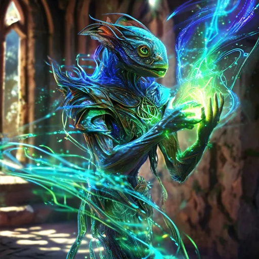 Prompt: (medieval fantasy polymorph spell), humanoid, vibrant magic energy, swirling colors of blue and green, dynamic shapes and forms rapidly changing, luminous glowing effects, enchanting atmosphere, illuminated rune symbols, high detail, ultra-detailed, dramatic lighting, magical ambiance, evoking a sense of wonder and transformation.