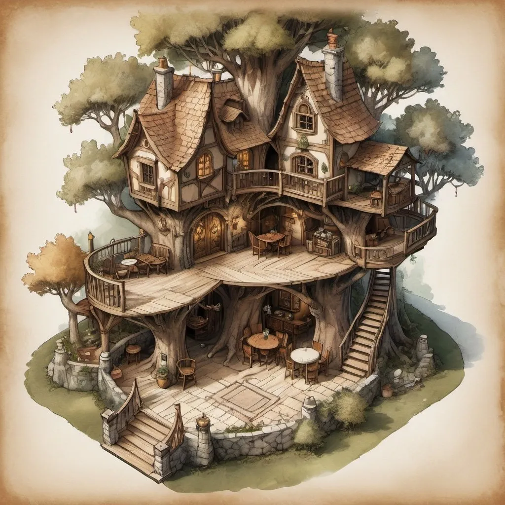 Prompt: Top view floor plan of a medieval fantasy room of a treehouse treeshape, Anton Pieck style sketch, detailed interior layout, cozy and rustic atmosphere, warm earthy tones, intricate wooden furniture, chairs and tables, entrance, common room, drinks and meals, whimsical decorations, high quality, detailed sketch, antique style, rustic, cozy atmosphere, warm earthy tones, detailed interior,  whimsical decorations