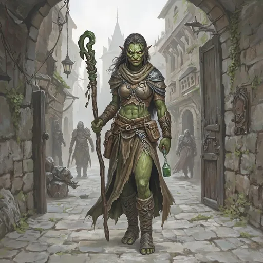 Prompt: imagine a fantasy painting of an slender  athletic build green skinned female orc healer with a protective but intriately designed leather armour with rough fabric robes holding a green wooden staff in one hand and healing potion in the other. scrolls and potions in her pack. her eyes intense and ready for action. her tusks a bit threatening while se gives off a chamring smile. she is wearing sturdy leather heeled boots with open toes. the claws of her feet sticking out. standing  at trhe gates of a fantasy town in anton pieck style streets. with monsters approaching, ready for action. a backpack on her back and an amulet of pallis the goddess of healing around her neck.