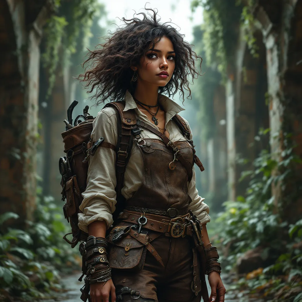 Prompt: digital art, Cute Tinkerer woman adventurer, adivasi appearence, medieval fantasy setting, wearing leather overalls, heavy boots, and jacket backpack, adorned with various tools, chaotic hair flowing wildly, showcasing a toned physique, exploring ancient ruins filled with mystical traps, dramatic lighting creating shadows, lush overgrown vegetation in the background, atmospheric tension and excitement, detailed, capturing the essence of adventure and discovery.