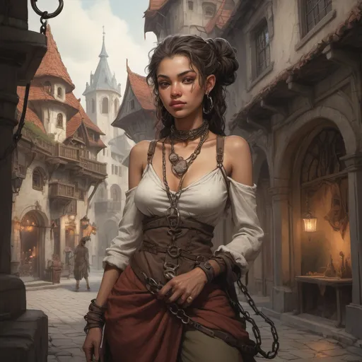 Prompt: (depiction of a captured  chained and shackled tiefling woman DnD), beiing sold on the marked, nostalgic (Anton Pieck-inspired architecture) in the background, torn clothing, showcasing whimsical details, charming warm tones, and rich textures, a fantasy ambiance, enchantingly detailed, evoking a sense of wistful beauty, high-quality (4K), ultra-detailed, magical atmosphere.