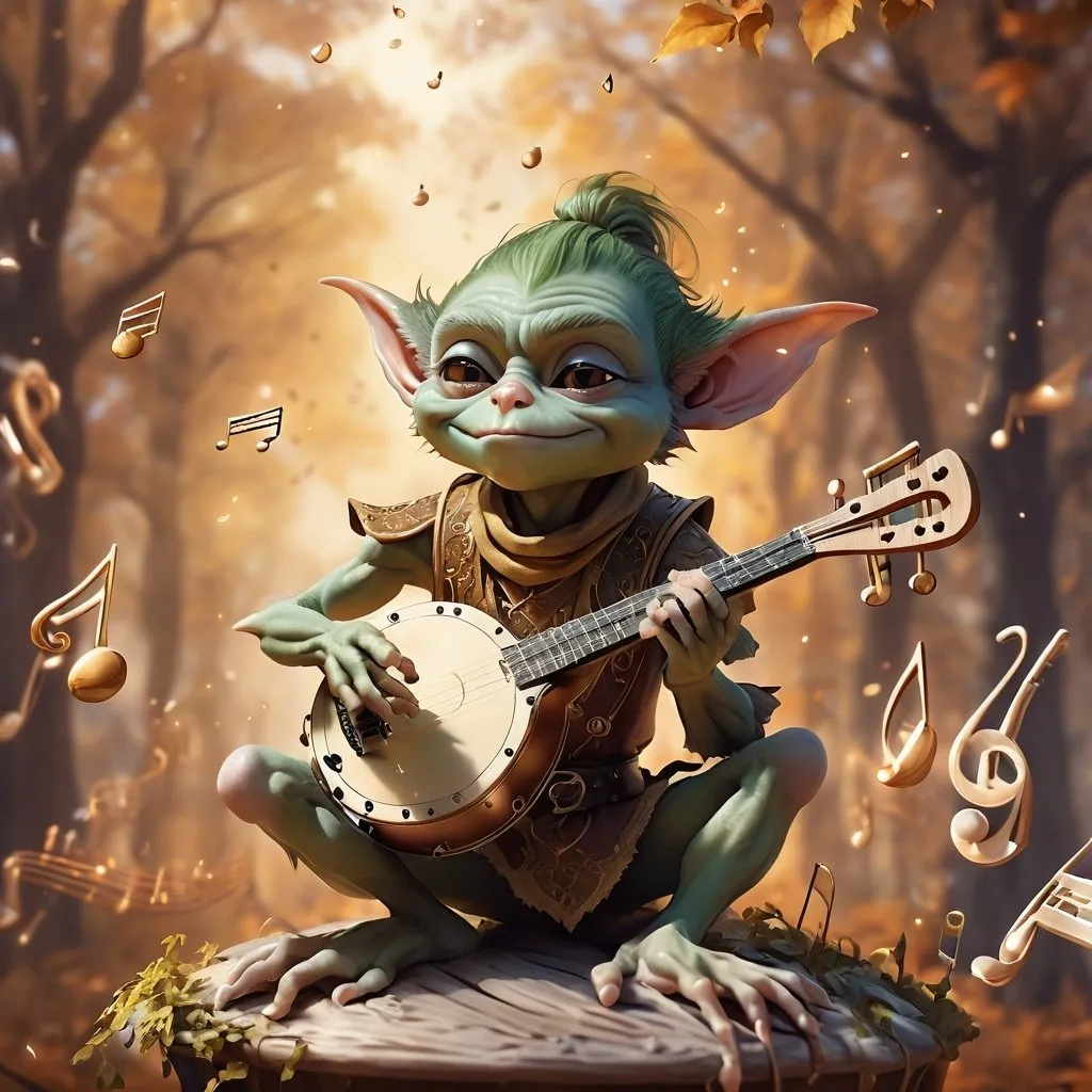 Prompt: realistic style, DnD gremlin bard playing instrument, magical musical notes streaming in the air, warm tones, intricate details, fantasy, medieval, high quality, digital art, charming, enchanting, intricate details, epic scene