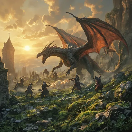 Prompt: digital art of a fierce dragon guarding her eggs, dynamic battle scene with bandits, rough stone surroundings covered in lush moss, sun low on the horizon, casting warm golden light, dramatic golden clouds enhancing the atmosphere, high detail, vibrant colors, epic tension, cinematic composition, ultra-detailed, immersive environment, captivating fantasy setting.