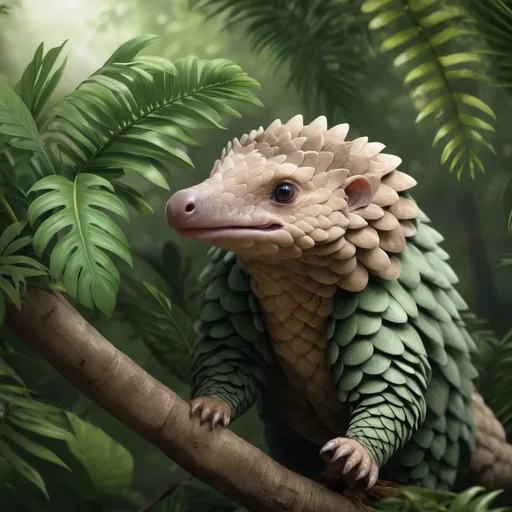 Prompt: Cute pangolin on a lush tree branch in a tropical forest, realistic illustration, vibrant green tones, soft natural lighting, detailed scales, expressive eyes, high quality, detailed fur, adorable wildlife, tropical, realistic, detailed scales, cute, lush foliage, adorable, natural lighting