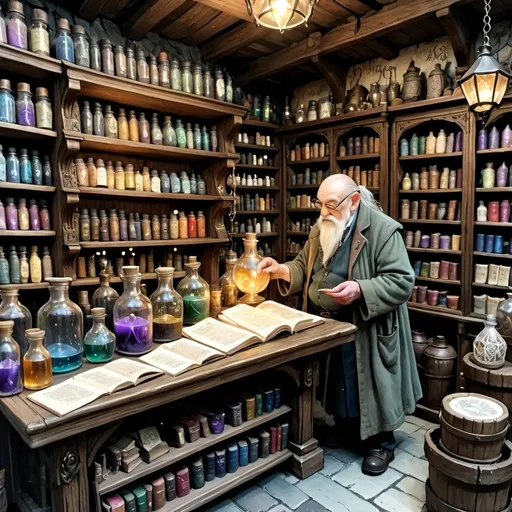 Prompt: highly detailed, Ink painting of a magic shop, elderly shopkeeper, chrystal lights, dragons, potions, books, magic books, rune stones, vintage, antique color palette, delicate line work, high quality, detailed, DND,  ink painting, Anton Pieck style, line art,  vintage colors, detailed features, sunny atmosphere