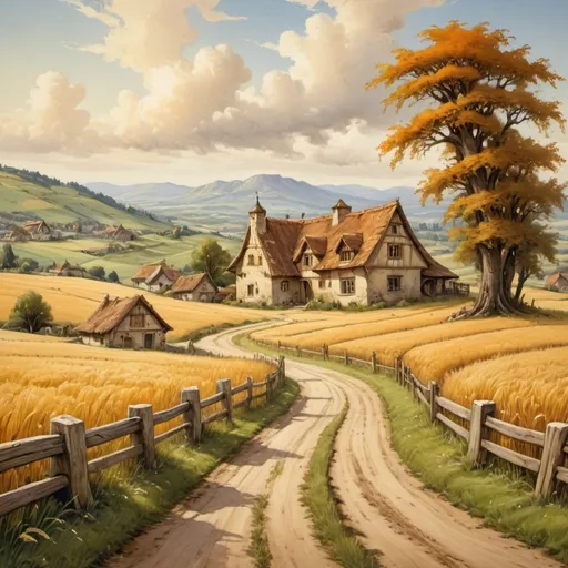 Prompt: (antique oil painting (anton pieck style)), summer day in the countryside ,old farmstead in the forground, rolling hills, expansive wheat fields, tranquil dirt road, (medieval fantasy) elements, golden clouds drifting across the sky, majestic snow covered mountains in the background, vibrant color palette with warm hues, serene and picturesque ambiance, soft brush strokes, detailed landscape, whimsical charm, inviting atmosphere, (highly detailed) visual composition.