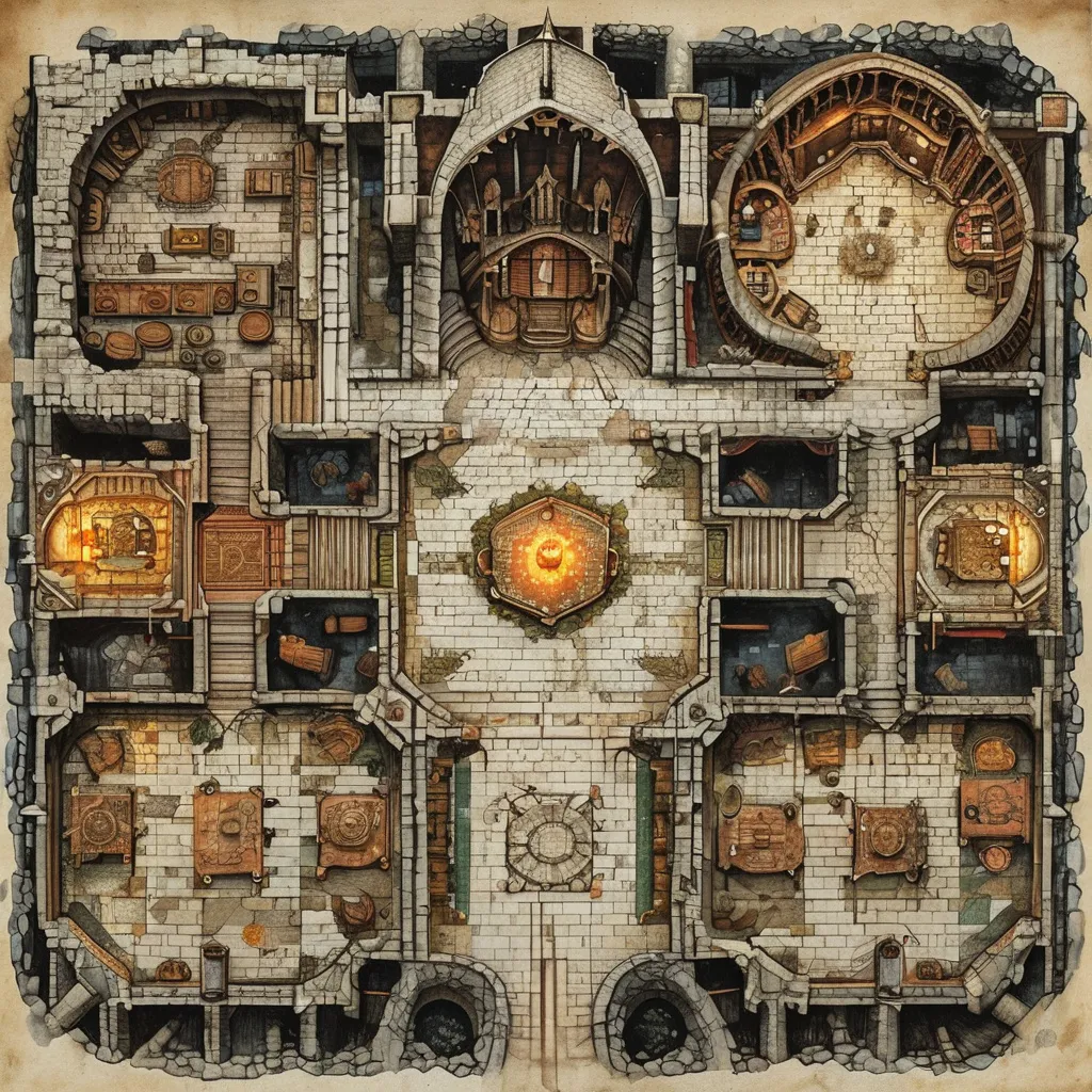 Prompt: (floor plan), (giant medieval fantasy dungeon), Anton Pieck style sketch, detailed interior layout, maze-like structure, dark menacing tones, shadows and highlights enhance depth, intricate furniture design including stone tables and torches, prominent entrance design, elaborate throne room, atmospheric lighting adds intensity, (highly detailed), (HD image), vintage ink and parchment textures.