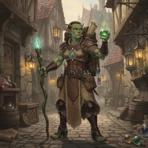 Prompt: imagine a fantasy painting of an slender  athletic build gorgeous green skinned female orc healer with a protective but intricately designed leather armour with rough fabric robes holding a green wooden staff in one hand and healing potion in the other. scrolls and potions in her pack. her eyes intense and ready for action. she is wearing sturdy leather heeled boots with open toes. the claws of her feet sticking out. standing  in an alley way of an fantasy town in anton pieck style streets. ready for action. a backpack on her back and an amulet of pallis the goddess of healing around her neck. to small tusks protude from her mouth