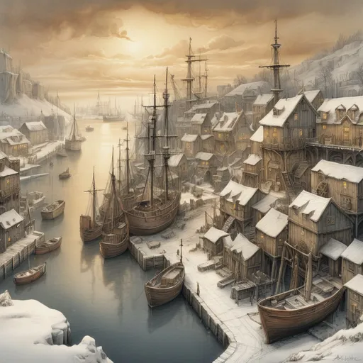 Prompt: coastline view, (medieval fantasy harbor in winter), (pencil drawing), detailed sleek ships docked at a snowy and ice-covered shipyard, intricate Anton Pieck elements, golden clouds casting a warm glow over the scene, soft shadows, picturesque winter ambiance, high depth, ultra-detailed, enchanting scenery, evoking nostalgia and magic.