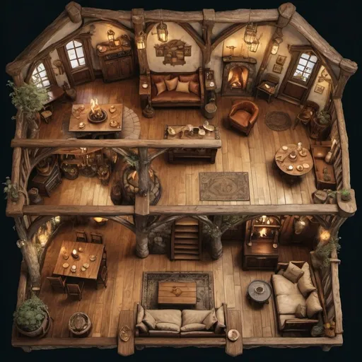 Prompt: Top view floor plan of a medieval fantasy roomof a treehouse, Anton Pieck style sketch, detailed interior layout, cozy and rustic atmosphere, warm earthy tones, intricate wooden furniture, chairs and tables, entance, common room, crackling fireplace, drinks and meals, whimsical decorations, high quality, detailed sketch, antique style, rustic, cozy atmosphere, warm earthy tones, detailed interior, crackling fireplace, whimsical decorations