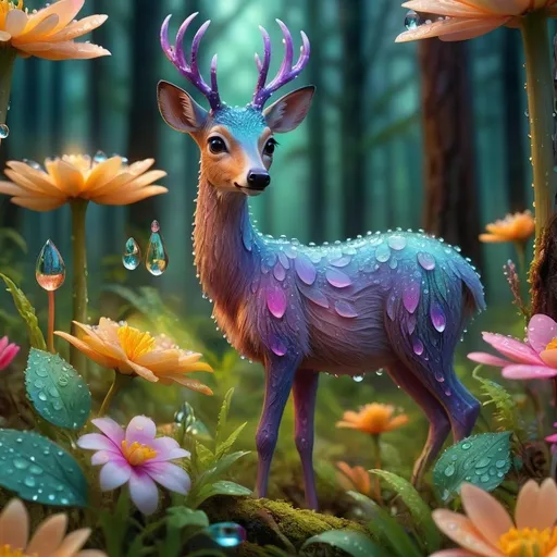 Prompt: animals in the forest, cute, vibrant spring colors, intricate floral details, detailed dew drops on petals, ethereal and glowing aura, high quality, realistic, , glowing aura