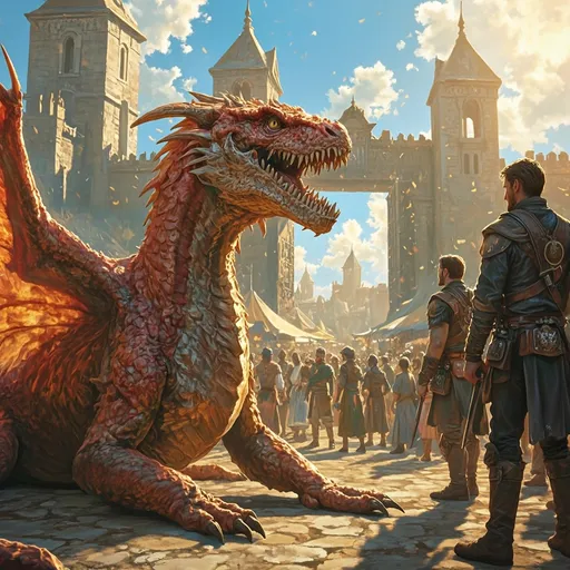 Prompt: aerial view of a vibrant medieval fantasy scene bathed in warm, golden sunlight on a bright sunny day. In the foreground, a  magnificent dragon lays patiently, its iridescent scales shimmering in the light, wings folded elegantly at its sides, awaiting eager adventurers. A diverse group of rugged travelers, personal insignias. The backdrop features the grand city gates, embellished with ornate carvings, partially open to reveal the bustling market beyond. Wisps of fluffy white clouds drift lazily across the blue sky, enhancing the enchanting atmosphere. This captivating moment is depicted in a cinematic lighting style, emphasizing the details and grandeur of the adventure that awaits.