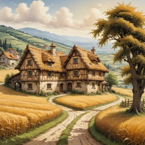 Prompt: (antique oil painting (anton pieck style)), summer day in the countryside ,fortified farmstead with straw roof, rolling hills, expansive wheat fields, tranquil dirt road, (medieval fantasy) elements, golden clouds drifting across the sky, majestic snow covered mountains in the background, vibrant color palette with warm hues, serene and picturesque ambiance, soft brush strokes, detailed landscape, whimsical charm, inviting atmosphere, (highly detailed) visual composition.