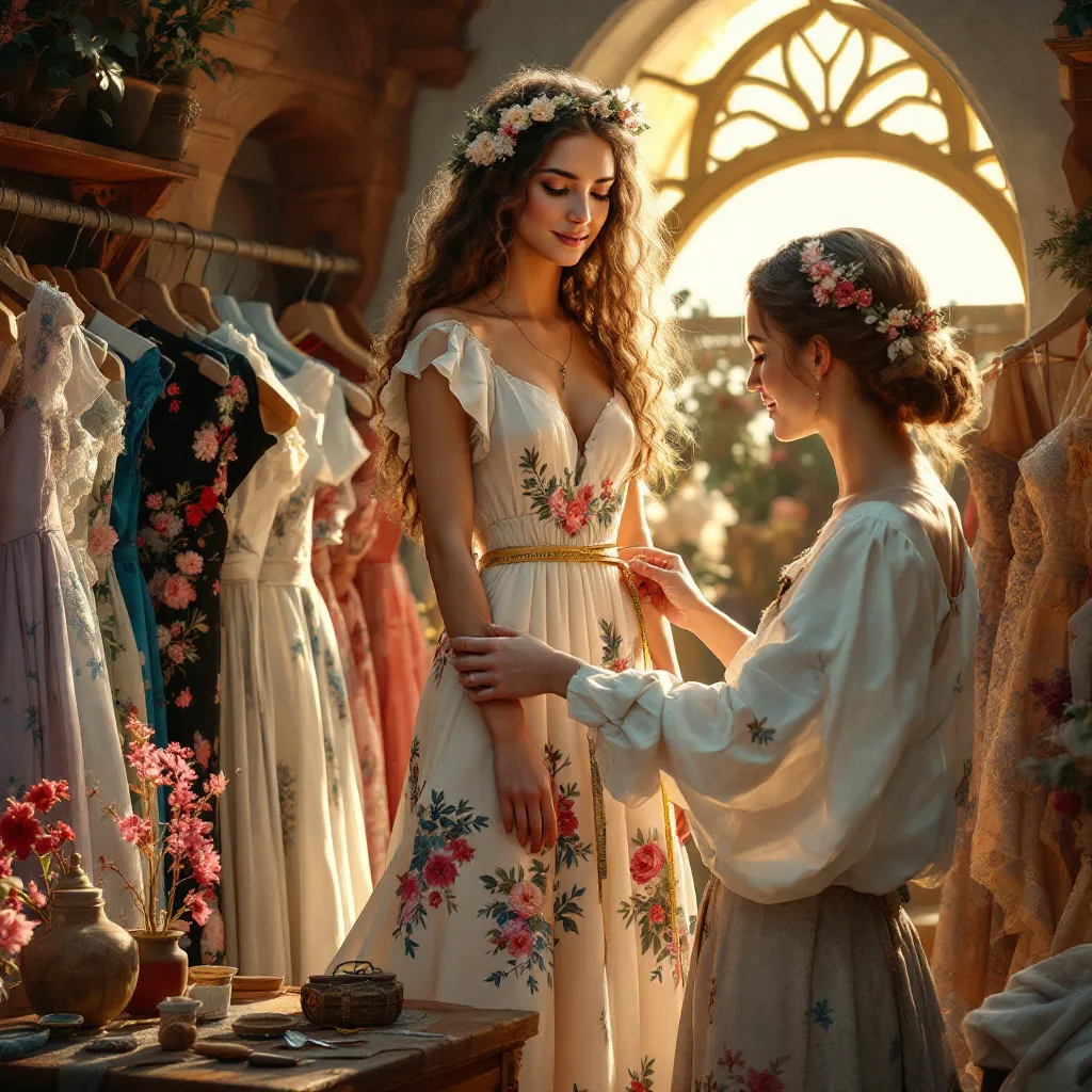 Prompt: digital art, antonon pieck style,  woman on pedestal trying on colourful summer dresses, seamstress taking measurments,  medieval fantasy clothing shop, intricate textile patterns, rich colors, warm ambient lighting, vintage sewing tools, detailed wooden shelves, enchanting atmosphere, cozy vibe, high quality, ultra-detailed, artistic representation of craftsmanship and creativity in fashion design.