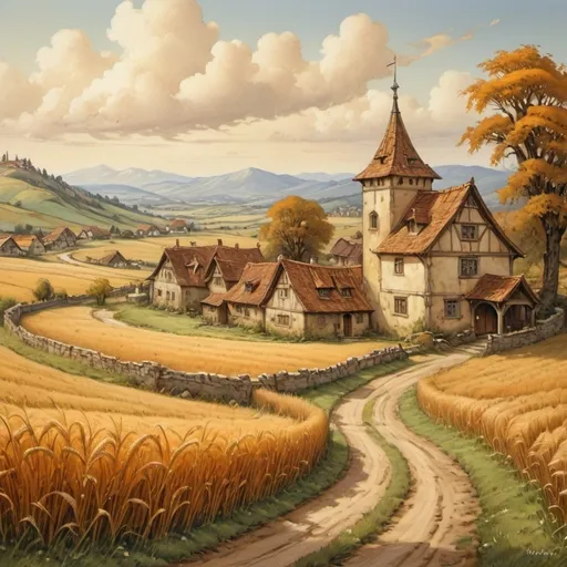 Prompt: (antique oil painting (anton pieck style)), countryside ,(fortified farmstead), rolling hills, expansive wheat fields, tranquil dirt road, (medieval fantasy) elements, golden clouds drifting across the sky, majestic snow covered mountains in the background, vibrant color palette with warm hues, serene and picturesque ambiance, soft brush strokes, detailed landscape, whimsical charm, inviting atmosphere, (highly detailed) visual composition.