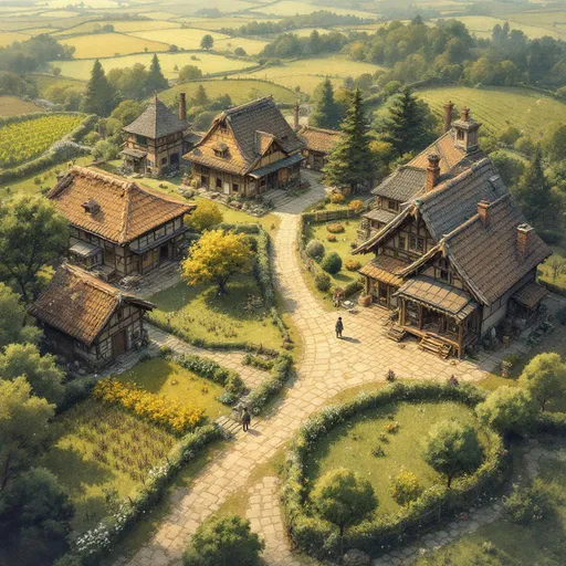 Prompt: aerial view of a japanese farm in a rural japanese style village, crob fields, orchards,  medieval fantasy setting, watercolor painting anton pieck style, soft and muted colors, warm ambient lighting, filled with dust motes, nostalgic atmosphere, charming clutter, whimsical and dreamy quality