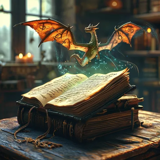 Prompt: illuminating book of dragons, (ancient spell book) floating above a (weathered desk), (mystical spells) radiating in the air, (worn pages) filled with intricate illustrations, (soft magical glow) surrounding the book, detailed textures on the desk, (atmosphere of enchantment and wisdom), (4K ultra-detailed), warm, inviting lighting