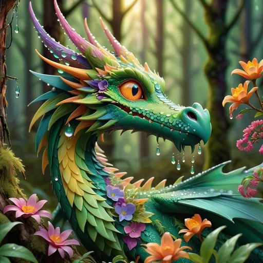 Prompt: Realistic forest illustration of a combination of a dragon and a bird vibrant spring colors, intricate floral details, detailed dew drops, ethereal glowing aura, high quality, realistic, sunrays, birds, colorful, detailed fur, glowing aura, springtime, woodland, detailed eyes, professional, ethereal lighting