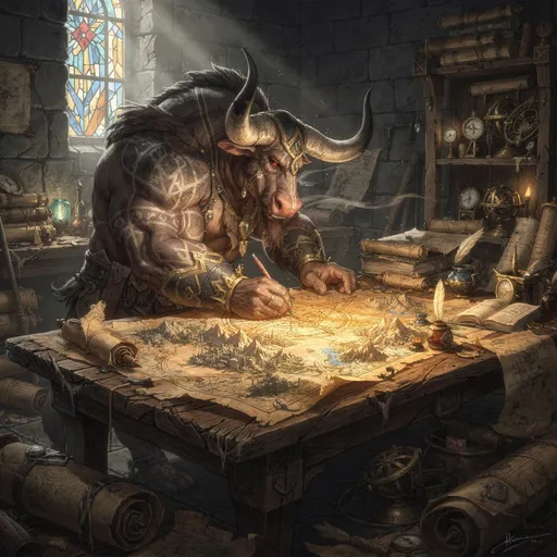 Prompt: In a dimly lit chamber brimming with ancient scrolls and maps, a powerful minotaur leans over a vast oak table, its strong horns casting sharp shadows against the walls. The creature, with meticulously carved lines on its muscular frame, has an expression of intense focus as it draws intricate, precise lines on faded parchment spread before it, making a magical map with 3d cartographing. A light shining through soem stained glass window illuminates the swirling dust motes in the air, while a gentle, mystical breeze rustles the edges of the maps, hinting at distant lands yet to be explored. In the background, shelves overflow with compasses and celestial instruments, nestled amid scattered ink pots and quills, evoking a sense of timeless craftsmanship in this enchanting, fantasy realm. This scene could be captured in a dark fantasy concept art style, emphasizing rich textures and dramatic contrasts.