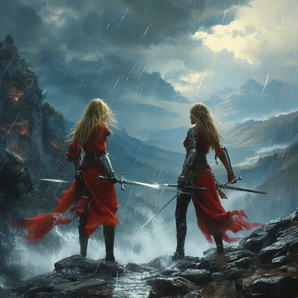 Prompt: rough oil painting, (epic swordfight), fight scene, intense scene in the mountians, pouring rain, storm clouds swirling ominously, vivid lightning strikes illuminating the dark sky, fierce winds swirling around, (female combatants) wielding a shimmering sword, casting magical spells, high tension and dynamic motion, highly detailed features, dramatic atmosphere, cinematic quality, ultra-detailed, 4K resolution, a clash of power amidst the tempest.