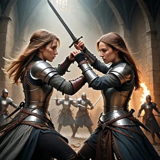 Prompt: Realistic medieval fantasy illustration of two beautiful women engaged in a swordfight, highres, detailed victorian armor,  dynamic posing, medieval, realistic, detailed, female warriors, intense battle, medieval fantasy, high-quality, combat scene, action-packed, fierce, professional, atmospheric lighting