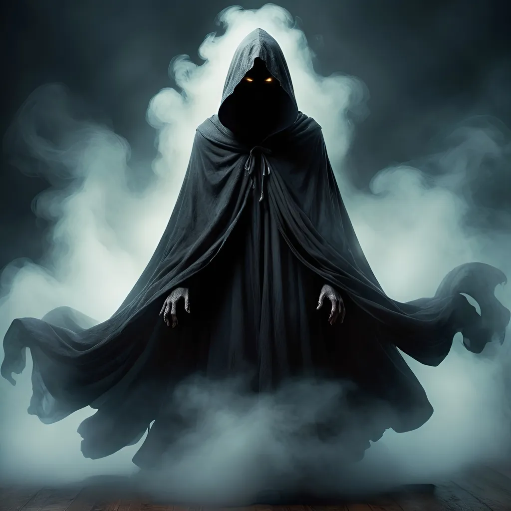 Prompt: shrouded ghost shape, hooded ghost  appearing from fog, wrapped in fog, black smoke, floating, mysterious silhouette, eerie atmosphere, high quality, flowing billowing outfit, detailed, digital art, dark fantasy, cool tones, atmospheric lighting, haunting presence, detailed cloak, menacing gaze, best quality, highres, ultra-detailed, digital art, dark fantasy, cool tones, mysterious, atmospheric lighting