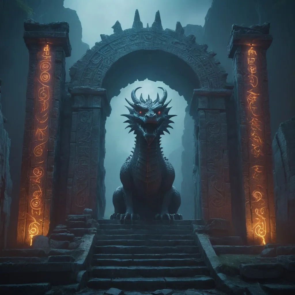 Prompt: (dragon statue snout as a gateway), ethereal spells glowing, ancient ruins surrounded by mist, intricate glowing runes and glyphs illuminating the structure, mystical ambiance, deep, warm highlights reflecting off stone, (highly detailed), evokes a sense of adventure and ancient mystery, enchanting atmosphere, (4K quality), cinematic depth.