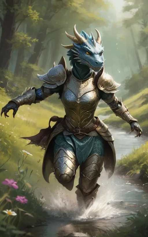Prompt: female dragon character in ornate victorian armor DnD style, running in a meadow in a forest, scales, martial arts, little stream, fierce, fantasy art, magic the gathering artwork, concept art, clawed feet