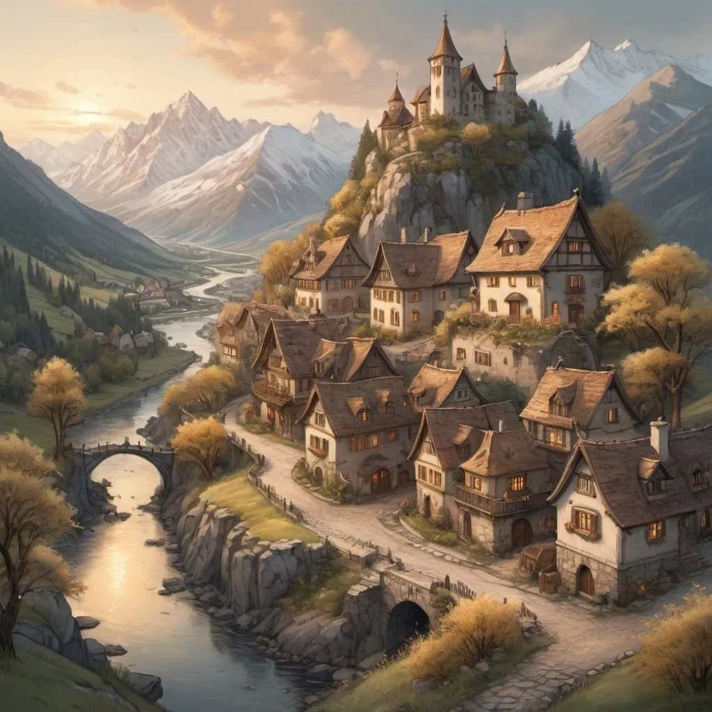 Prompt: Top-down Anton Pieck style illustration of a cozy village, epic fantasy scene, grand hold overlooking, meandering river, spring time, epic mountains in the distance, heartening atmosphere, soft tones, trees and bushes, nightfall, golden hour, forest, detailed buildings, charming streets, idyllic setting, warm lighting, vintage, comforting, nostalgic, cozy village, grand castle, meandering river, epic snow-capped mountains, heartening, soft tones, nightfall, golden hour, forest, antique, heartwarming lighting