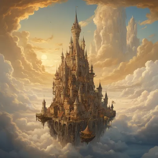 Prompt: (floating city), medieval fantasy, golden clouds, Anton Pieck style, **dramatic color palette**, warm golden tones, majestic atmosphere, towering spires and turrets, intricate detailwork, dreamlike quality, elevated above the sea of clouds, **ornate architecture**, whimsical and enchanting setting, surreal and magical environment, vibrant sky, HD, ultra-detailed, high quality, cinematic masterpiece, **epic and awe-inspiring.**