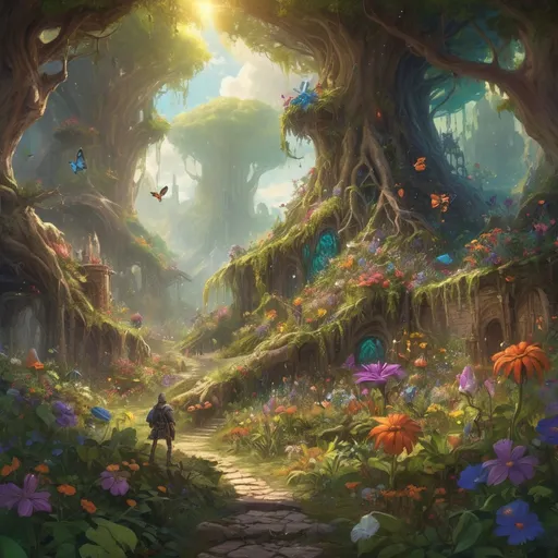 Prompt: (tiny DnD adventurers in a supersized macro world), (majestic flowers and roots), (medieval fantasy setting), (colossal insects), vibrant colors, cheerful sunlight, ultra-detailed, oil painting style, good lighting, lush greenery, expansive vista, fantastical elements