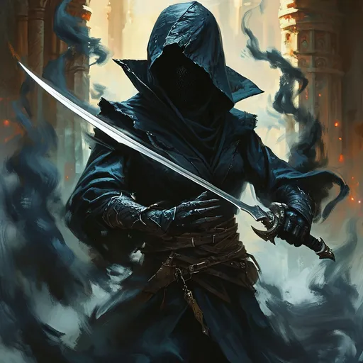 Prompt: shadow assassin DnD character, (swirling black smoke) enveloping a lithe figure, (blade at the ready) poised for action, (medieval fantasy) atmosphere, deep shadows contrasting with faint glimmers of light, mysterious aura surrounding the character, high detail textures, (dramatic lighting) creating tension and intrigue, dark tones, (4K resolution) for a captivating and immersive scene.