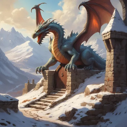 Prompt: Color painting of a dragon monster (medieval fantasy in winter), dungeon entrance, inspired by Justin gerard style, (rich in detail), charming DND characters frightend, comedic, hoard, snow-covered environment, magical spells in the air,  warm sun beams breaking through soft winter clouds, creating a serene and magical ambiance, mountains in the background, ( vibrant colors) for a captivating and nostalgic scene.