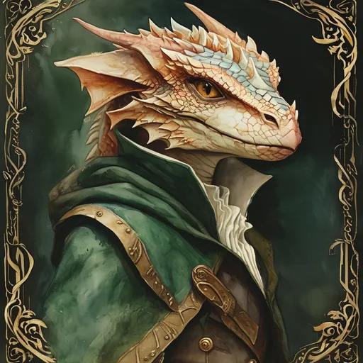 Prompt: portrait of a dragonborn DnD Character, (Anton Pieck style), watercolor, whimsical and enchanting scene, soft color palette, dreamy ambiance, intricate details, gentle brush strokes, high-quality look, ethereal atmosphere, infused with a sense of nostalgia and wonder, ultra-detailed.