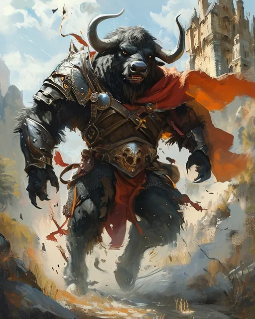 Prompt: (DnD character: minotaur), charging fiercely in battle, epic scene depicting a medieval fantasy confrontation, vibrant colors, dramatic brushstrokes, (dynamic movement), immersive background with a crumbling castle, lush forests, and swirling dust, oil painting style evokes a sense of adventure, detailed textures, captures incredible energy, awe-inspiring, ultra-detailed.