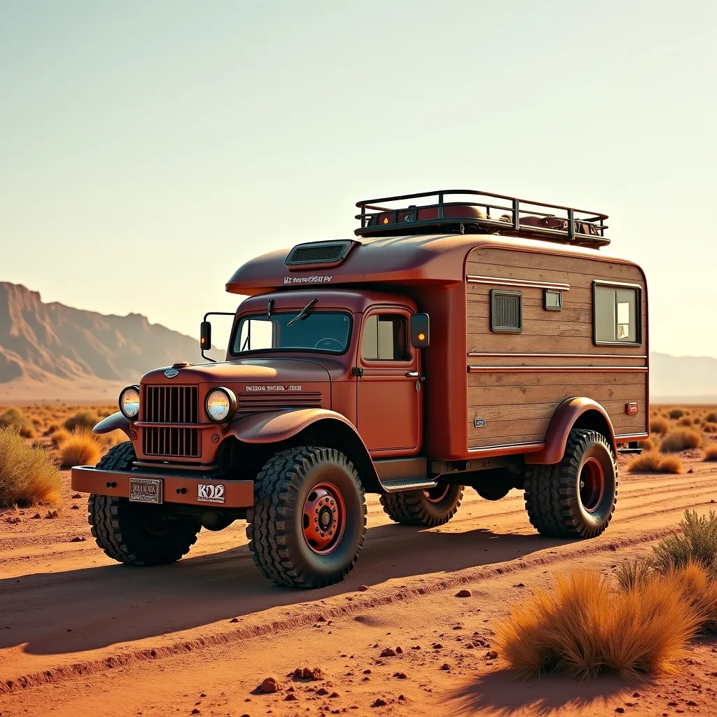 Prompt: (vintage truck transformed into a cozy motorhome), rustic wooden panels, large rugged wheels, adventurous off-road setting, (smooth, rounded curves), sun-drenched landscape, dramatic shadows across the ground, rich earth tones, high quality 4K, ultra-detailed textures, warm and inviting ambiance, perfect for exploration and travel.