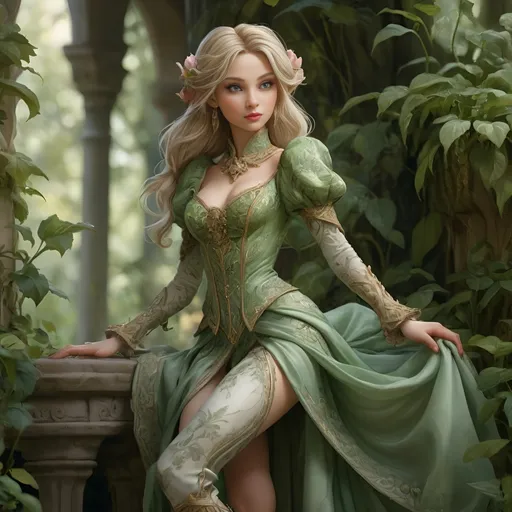 Prompt: Highly detailed digital full  body art of a elf princess in flowing satin silk royal dress,high heel boots, riding gear, through the forest, Anton Pieck style, medieval fantasy, intricate patterns, ornate cloth, royal attire, detailed realistic clothing folds, lush greenery, romantic lighting, detailed realistic face, professional, ultra-detailed, fantasy, medieval, satin gown, palace garden, Anton Pieck style, ornate architecture, lush greenery, romantic lighting, royal attire, intricate patterns, flowing fabric, professional lighting