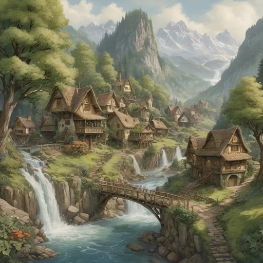 Prompt: realistic oil painting of a  distand Anton Pieck-style elf village, quaint elegant nature combined houses, lush green, giant trees, cascading waterfall, a flowing stream, high quallity, high resolution, detailed, wood bridge, majestic mountains in the background, townscape, detailed and vibrant, high quality, Anton Pieck style, elf village, nostalgic, warm tones, lush green fields, cascading waterfall, mountains, quaint tree houses, 