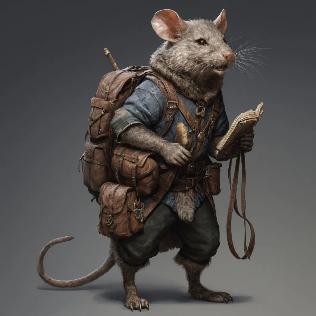 Prompt: digital art, medieval fantasy packrat, DnD style character, realistic, high detail, backpack, straps, detailed fur