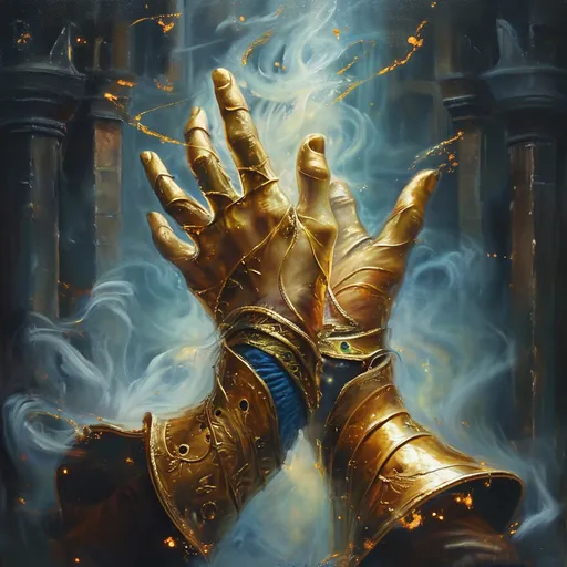 Prompt: oil painting, invisibility cloak , (swirling magical fog), intricate design details, medieval fantasy ambiance, mystical symbolism, enchanting lighting,  vibrant colors highlighting the magical essence, high resolution, ethereal atmosphere, dynamic energy surrounding the gloves, cinematic depth