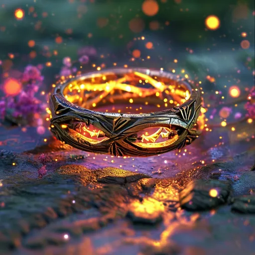 Prompt: (magical wooden druid ring floating in the air), (medieval fantasy),  spells vibrating in the air, vibrant warm colors illuminating the scene, mystical aura, ethereal glow, dynamic energy radiating, beautifully detailed textures, sense of enchantment, high fantasy atmosphere, serene background with soft lighting, ultra-detailed, captivating visual experience.