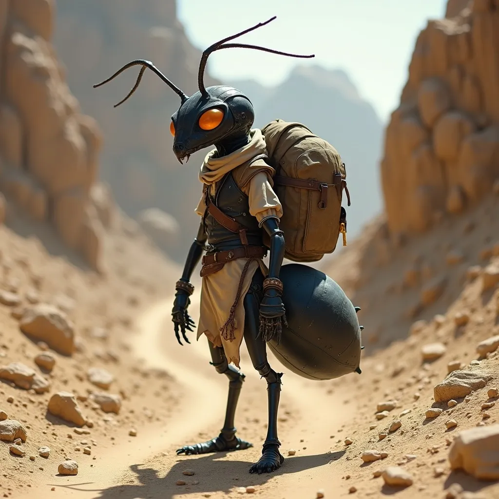 Prompt: Ant symbiosis (DND character adventurer sand nomad), with striking ant-like features, bug eyes, mandibles, (detailed black carapace), standing confidently on a winding road surrounded in the rocky dessert, (ridiculous large oversized backpack) slung over shoulder, medieval fantasy atmosphere, sand and waste features saturating the landscape, (dynamic angle), ultra-detailed, imaginative narrative-driven scene.