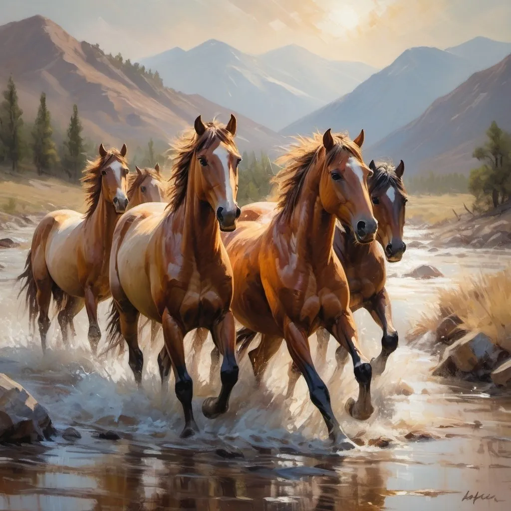 Prompt: Wild Horses crossing a mountian flood, oil paint rough strokes, touches of lighting, active, detailed horses, rough texture, natural lighting, high quality, impressionist, warm tones, scenic landscape, dynamic brushwork