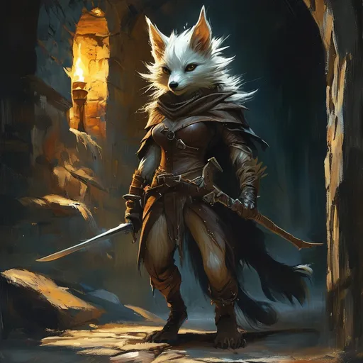 Prompt: (gorgeous female  gnoll DnD adventurer),  paws,  fur skin, depicted in the shadows of a dimly lit dungeon, oil painting style, poised with a sword at the ready, sneaking carefully, dramatic contrast of light and darkness, high detail, ambiance of suspense and mystery, deep shadows enhancing the mood, rich textures of leather and fabric, capturing the essence of adventure.