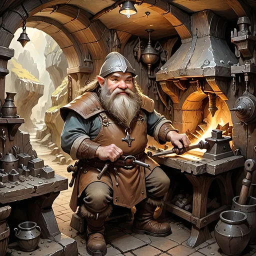 Prompt: Anton Pieck style illustration of an dwarven medieval fantasy smithy in mountaincaves, smith character working on an anvil, in the cave, vintage paper texture, intricate line work, high detail, rustic bearded face, anvil, bellows, hammer, warm and nostalgic tones, soft lighting, high quality, magical artifacts, nostalgic, warm tones, soft lighting, sharp lines