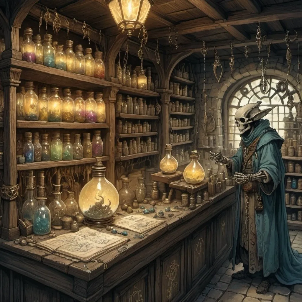 Prompt: highly detailed, Ink painting of a magic shop, floating mage shopkeeper, tiny dragons, glowing potions, rune stones, shimering spellbooks, skeletons, vintage, antique color palette, delicate line work, high quality, detailed, DND,  ink painting, Anton Pieck style, line art,  vintage colors, detailed features, sunny atmosphere