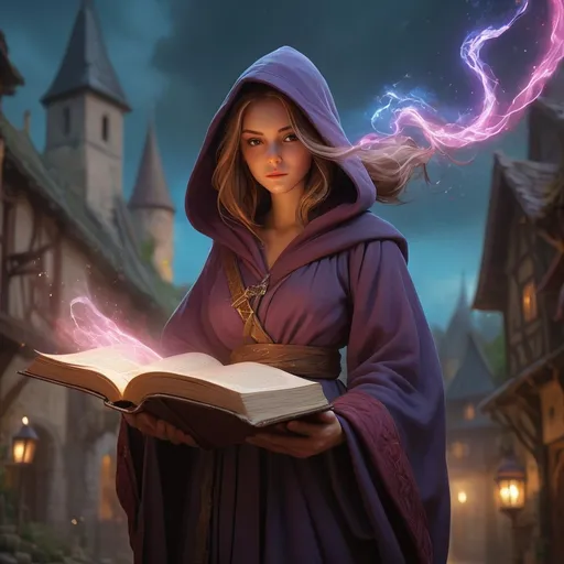 Prompt: Wizards apprentice on the road in a medieval fantasy setting, (illuminating spellbook), spells in the air, alena aenami style, oversized robes, vibrant and dramatic colors,magical atmosphere, swirling spell effects, ancient tomes and parchment,  detailed wizards robes, ultra-detailed, HD, high depth cinematic masterpiece.